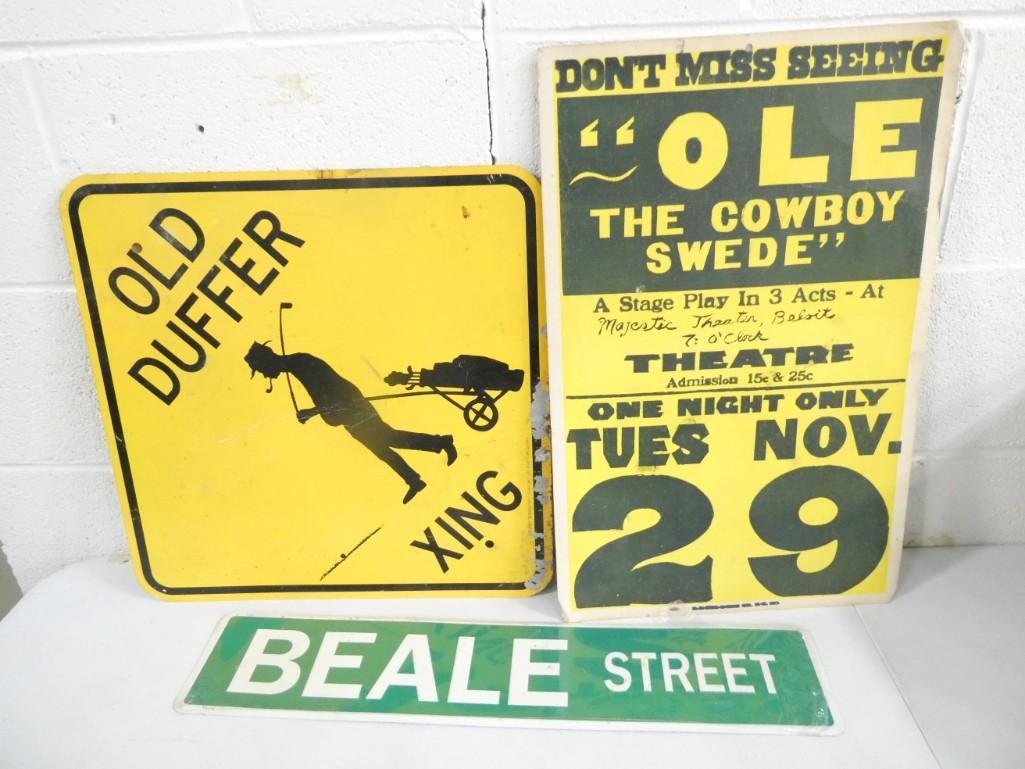 Beale Street Sign, Old Duffer Xing Golf Sign, "Ole The Cowboy Swede" Vintage Theatre Sign (1 of 6)