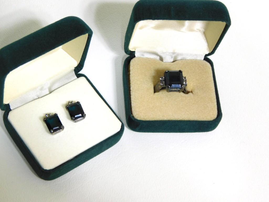 Sterling Silver Badavici Ring and Earrings with Dark Blue Green Gemstones (1 of 9)