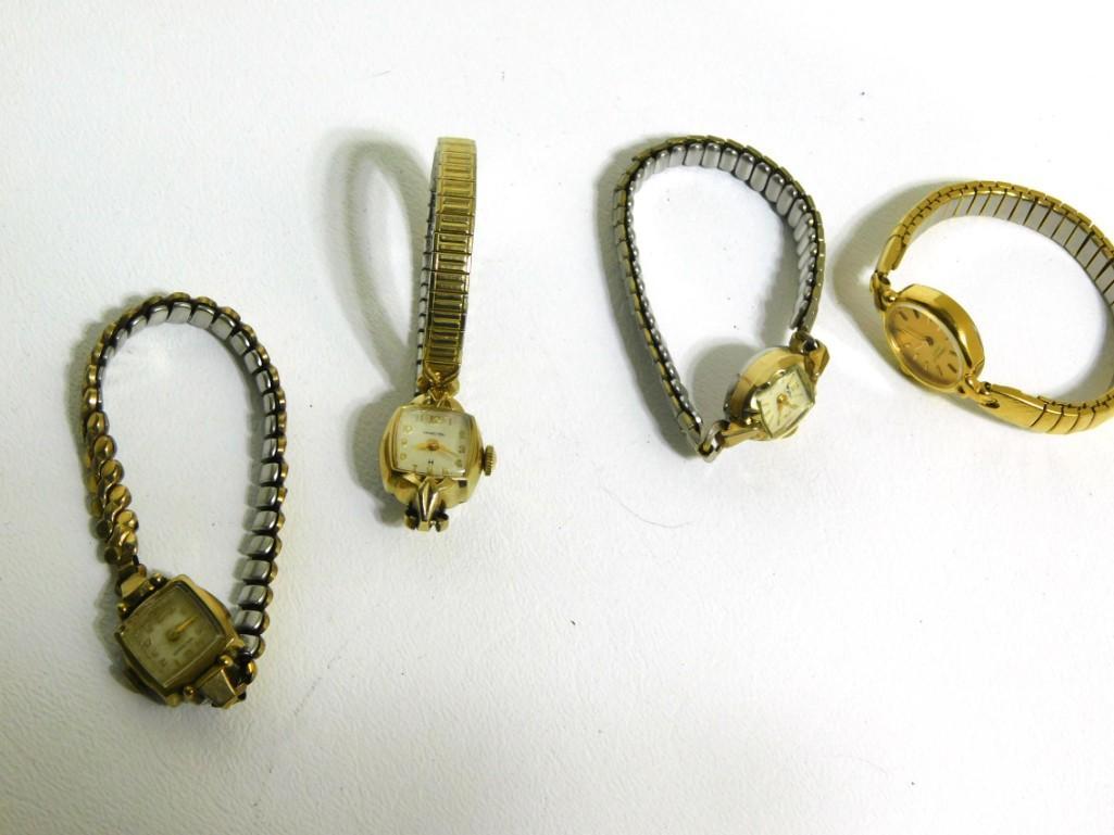 4 Vintage Watches incl Caravelle, Wyler, Hamilton, Hallmark: 4 Vintage Watches incl Caravelle, Wyler, Hamilton, Hallmark . The Hamilton and the Hallmark both work but have not been tested for accuracy. The other 2 do not work.