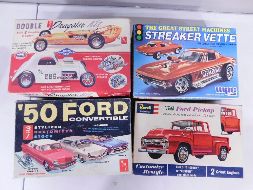 4 Model Car Kits incl Double Dragster Kit, Streaker Vette Kit, '50 Ford Convertible Kit, '56 Ford Pi (1 of 3)