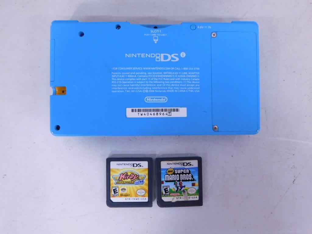 Blue Nintendo DS with Kirby Super Star Ultra and Super Mario Bros Games (1 of 3)