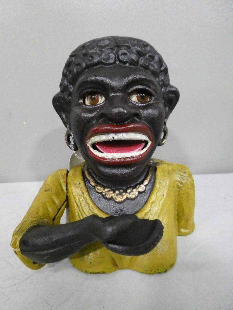 Antique 1890 Black Americana J E Stevens Cast Iron Dinah Mechanical Coin Bank: Antique 1890 Black Americana J E Stevens Cast Iron Dinah Mechanical Coin Bank