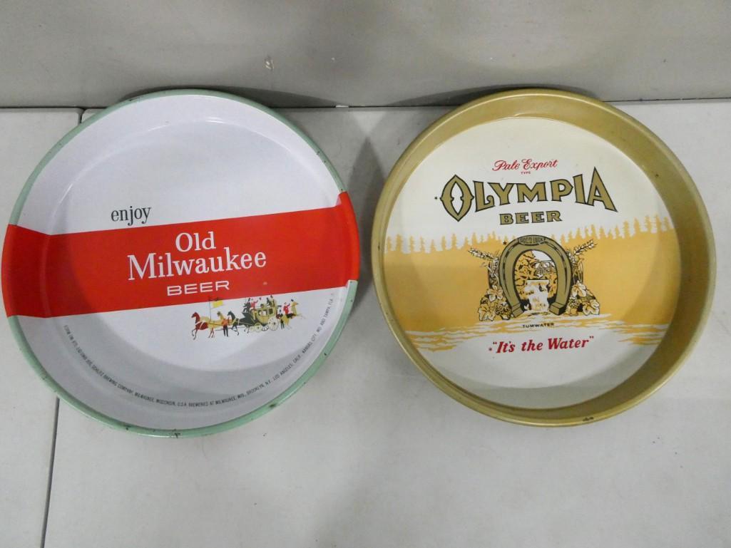 2 Metal Beer Trays incl Olympia and Old Milwaukee: 2 Metal Beer Trays or Bar Trays including Olympia and Old Milwaukee