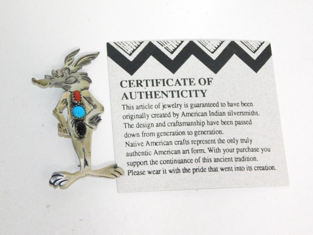 Sterling Silver Wile E Coyote Native American Brooch or Pin Marked EDE .925: Sterling Silver Wile E Coyote Native American Brooch or Pin Marked EDE .925