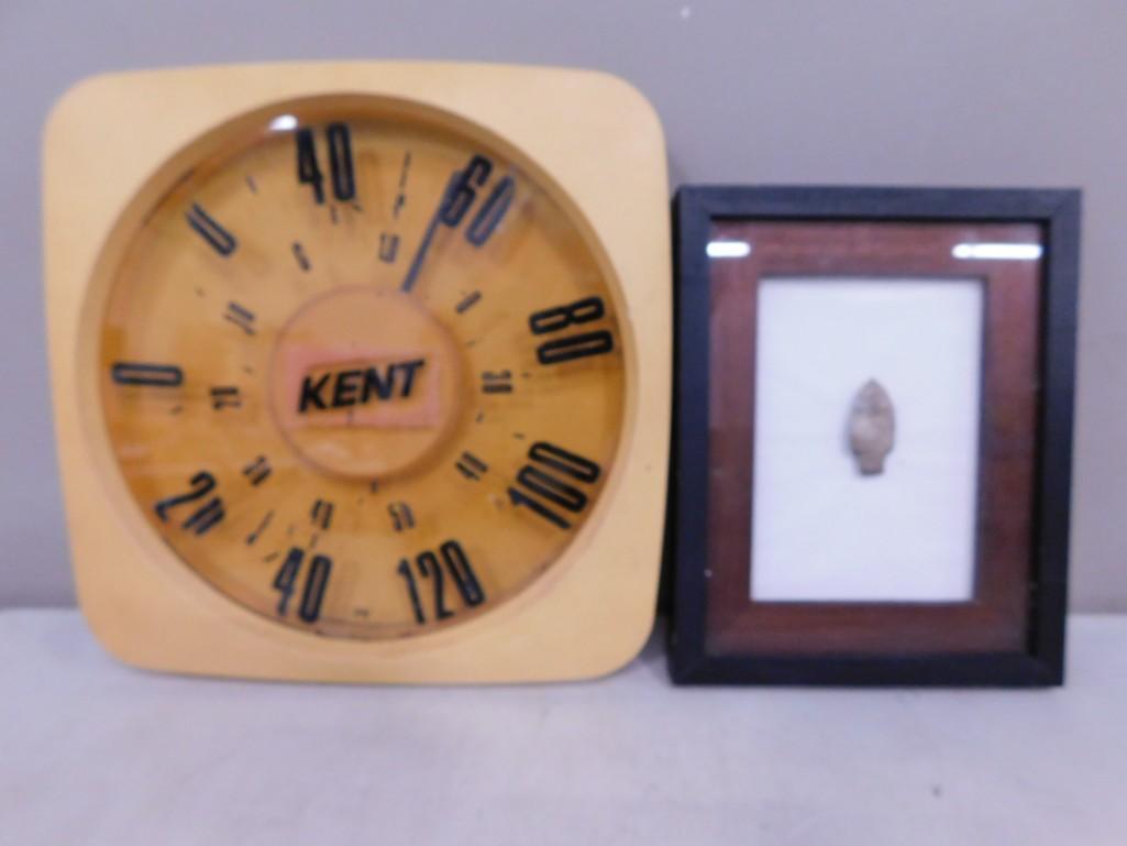 Kent Advertising Thermometer and a Framed Native American Arrowhead: Kent Advertising Thermometer and a Framed Native American Arrowhead