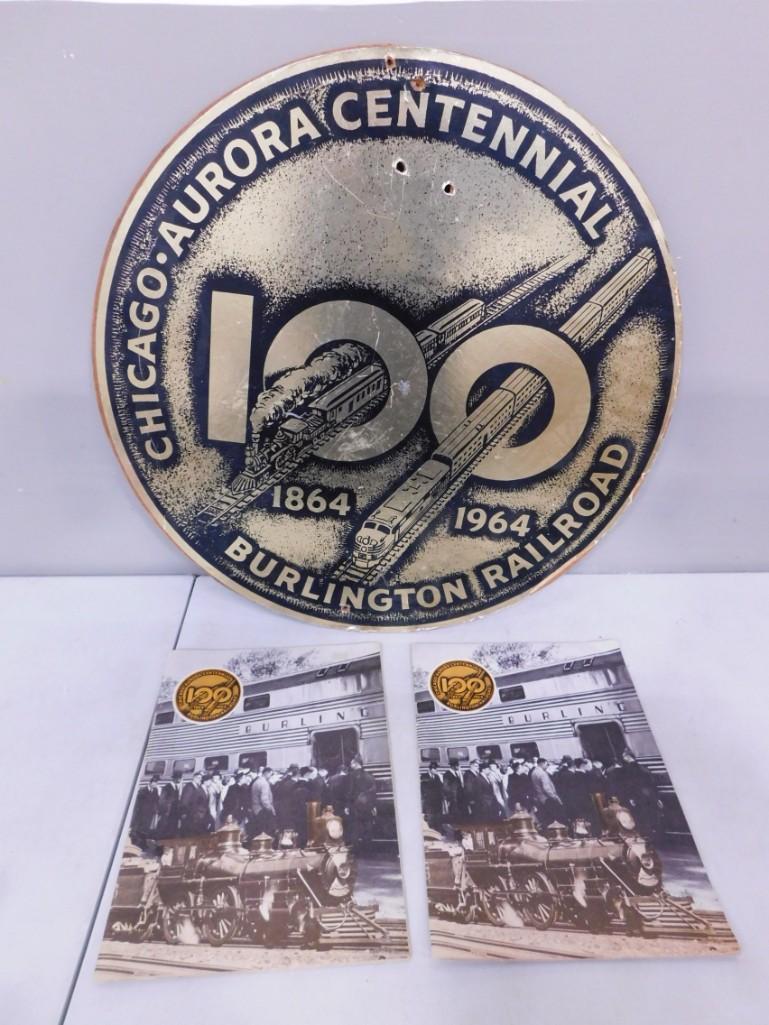 Vintage Centennial Burlington Railroad Sign and Ephemera 1864-1964: Vintage Centennial Burlington Railroad Sign and Ephemera 1864-1964