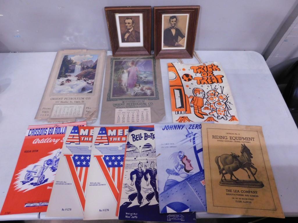 Ephemera Lot including Sheet Music, Lincoln Pictures, Advertising Calendars, etc. (1 of 6)