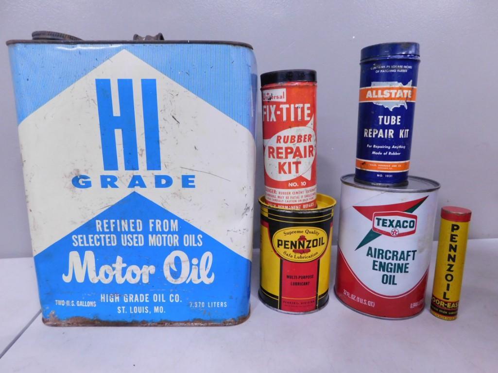Vintage Oil And Other Cans Including Hi Grade, Fix Tite, Texaco Aircraft Engine Oil