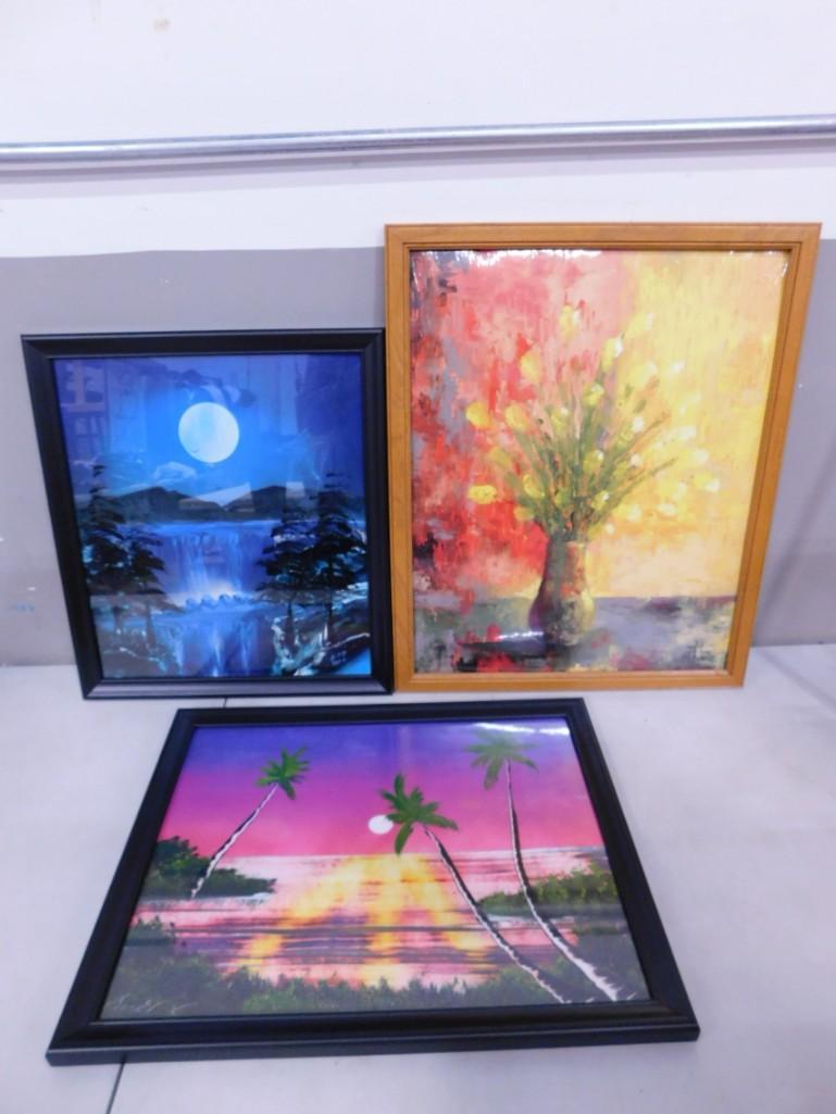 Lot of 3 Framed Pictures including Floral, Sunset, moon (1 of 5)