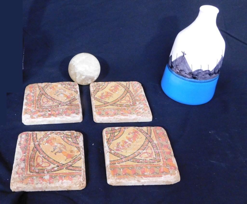 DeCarlo Ceramic, Polished Sphere Mineral (possibly quartz), Egyptian Themed Stone Coasters (1 of 4)