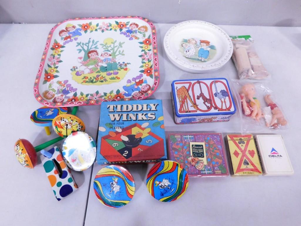 Toy Lot incl Vintage Tiddly Winks Game, Tin Noisemakers, Playing Cards, Raggedy Ann and Andy Plate, (1 of 8)