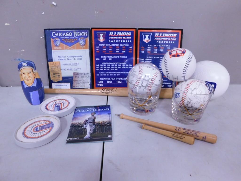 Sports lot including Autographed Baseballs (No COAs), U of I, Chicago Bears, Field of Dreams: Sports lot including Autographed Baseballs (No COAs), University of Illinois, Chicago Bears Plaque with old ticket stub, Field of Dreams, baseball bat pens, glasses, etc.