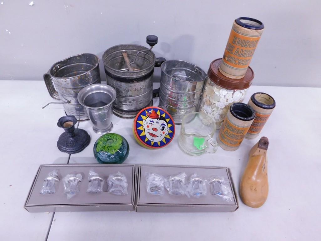 Vintage Lot incl Flour Sifters, Wax Cylinders, Shoe Last, Art Glass Paperweight, etc (1 of 4)