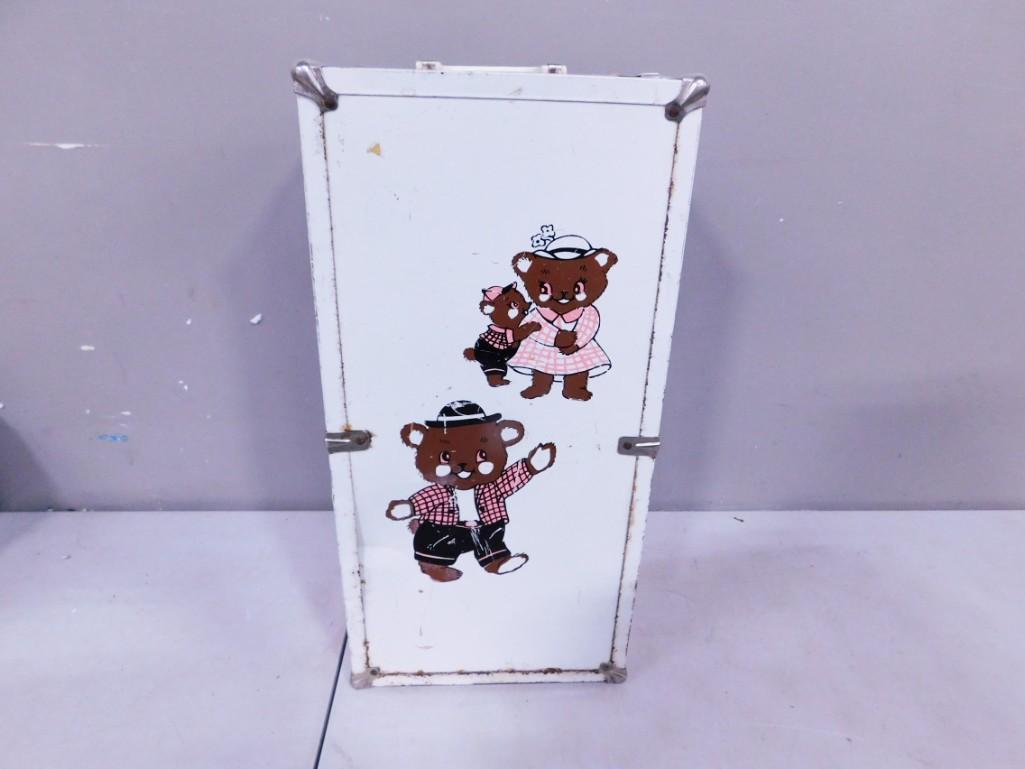 Vintage Metal Doll Trunk with Old Doll Clothes & Baby Rattles (1 of 3)