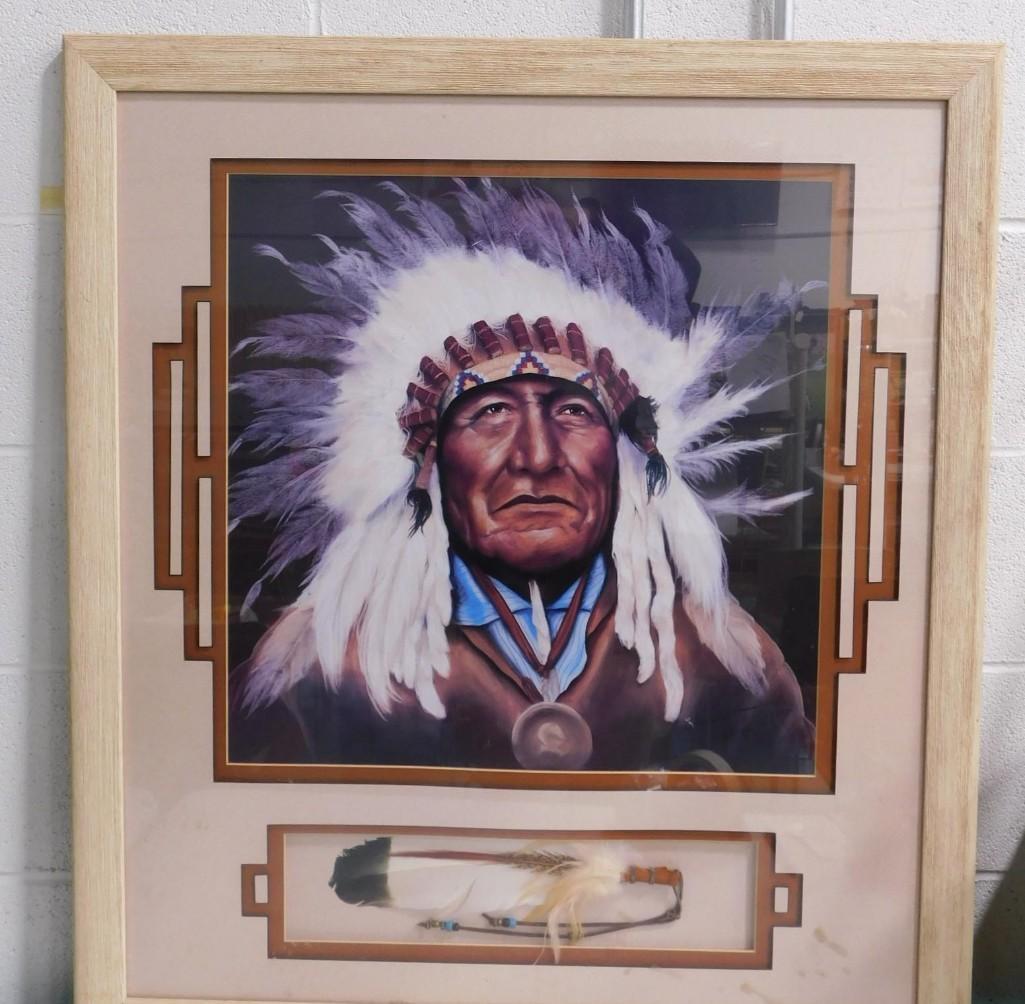Native American Chief Print Framed with a Feather 36"x32" (1 of 4)