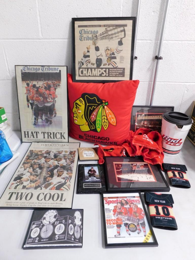 Sports Lot incl Chicago Blackhawks Pillow, Framed Prints, Framed Articles, Towel, Etc (1 of 4)
