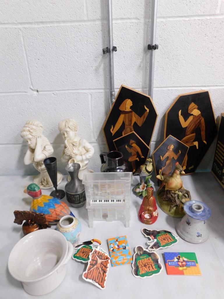 Collectibles incl Inlay Wall Decor, Stoneware Pitcher, Piano Coin Bank, Vases, Figurines, etc: Collectibles incl Inlay Wall Decor, Stoneware Pitcher, Piano Coin Bank, Vases, Figurines, etc