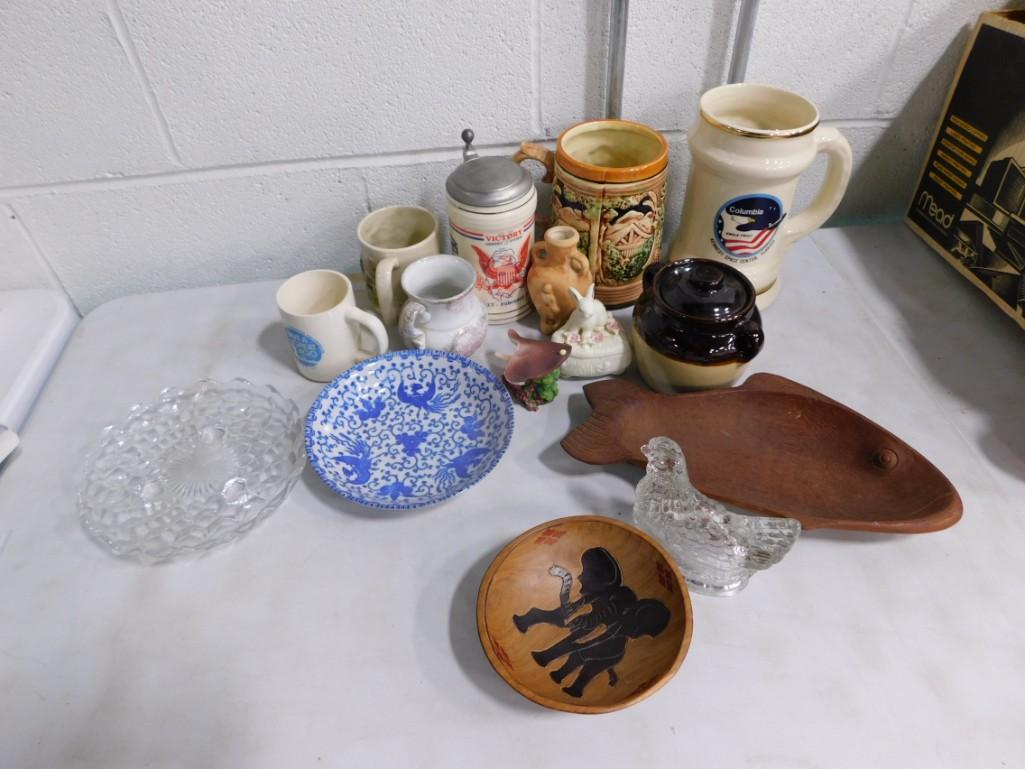 Collectibles incl Beer STein, Mugs, Stoneware Bean Pot, Wood Elephant Bowl, etc: Collectibles incl Beer STein, Mugs, Stoneware Bean Pot, Wood Elephant Bowl, etc