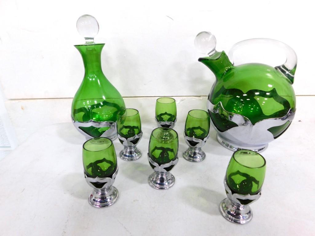 1930s Green Farber Bros Krome Kraft Liqueur Set w Cordial Carafe, Glasses, and Decanter (1 of 4)