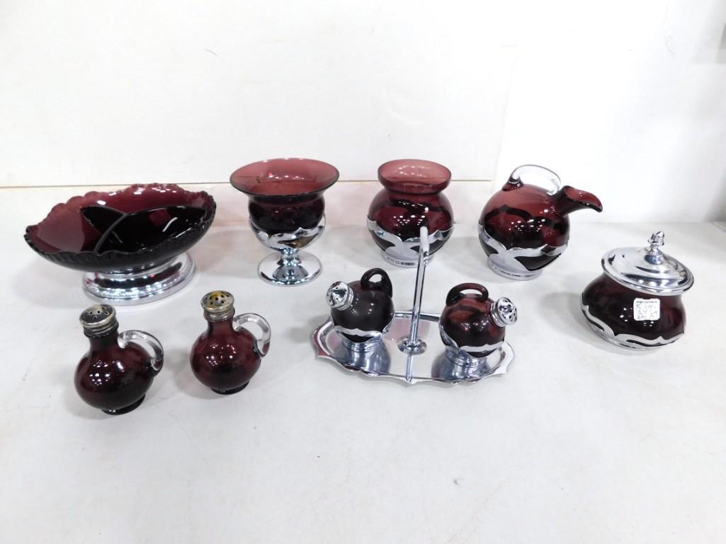 1930s Farber Bros Krome Kraft Amethyst Glassware incl Creamer and Sugar Bowl, Divided Bowl (1 of 7)