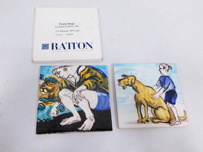 Paula Rego (Portuguese-British, 1935-2022) Two Painted Ceramic Tiles Woman with Lion, 46/100 and Gi: Paula Rego (Portuguese-British, 1935-2022) Two Painted Ceramic Tiles Woman with Lion, 46/100 and Girl with Dog, 36/100