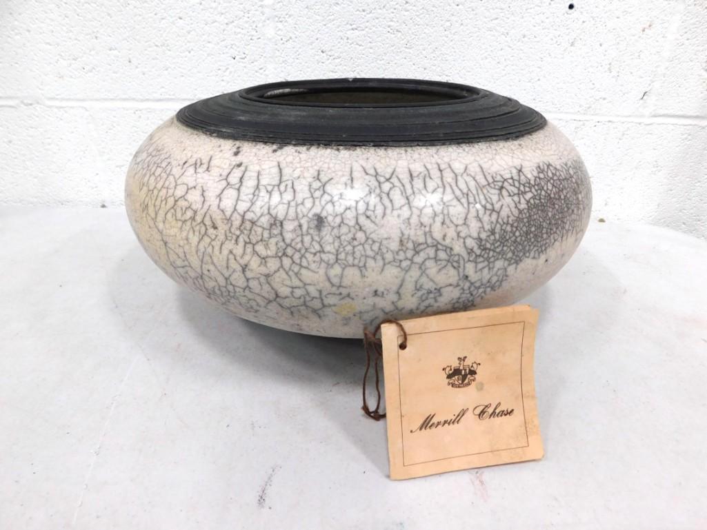 Original Black and White Glazed Raku Form Signed Stuart Shulman Art Pottery Vase: Original Black and White Glazed Raku Form Signed Stuart Shulman Art Pottery Vase with a Merrill Chase Tag Condition: has a small flake/chip in the rim