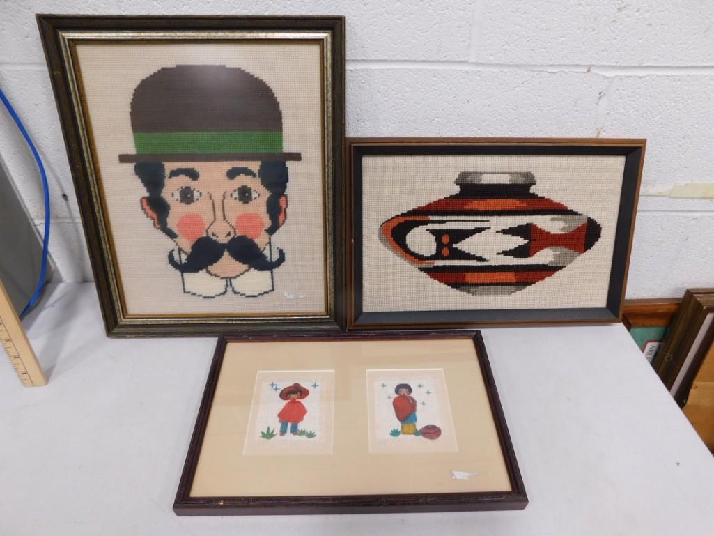 2 Framed Cross Stitch Pictures and a Framed Set of Woven Pictures (1 of 4)