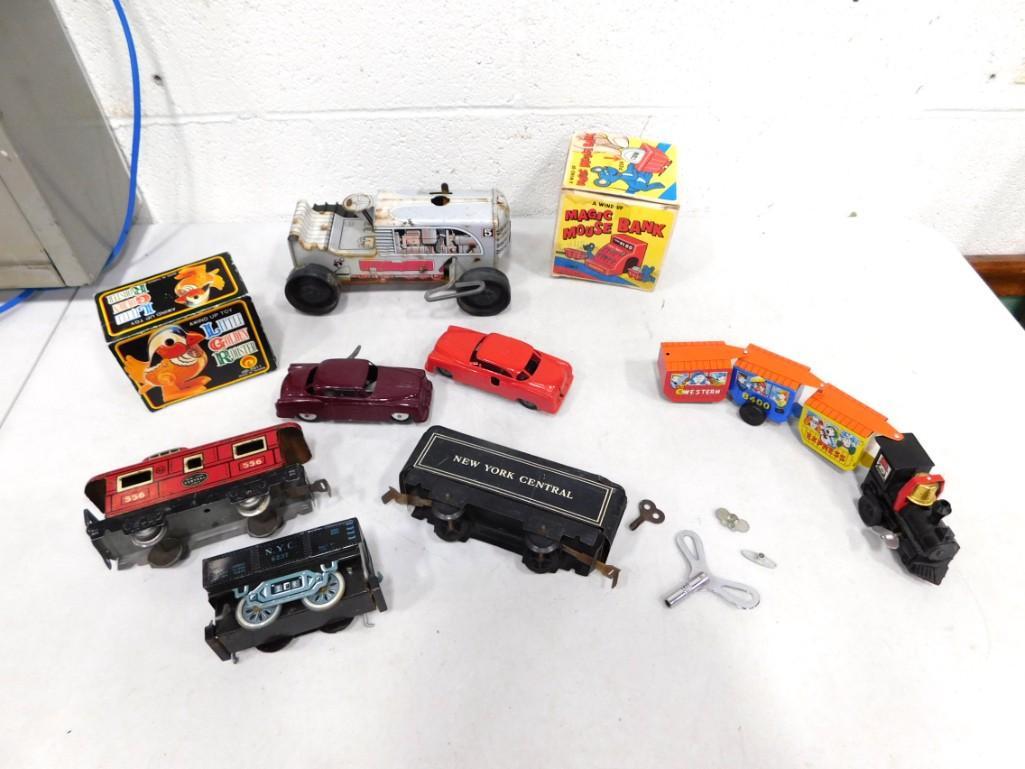 Vintage Toys incl Tin Toy Wind Up Tractor, Wind Up Car, Wind Up Rooster, Magic Mouse Bank, etc (1 of 9)
