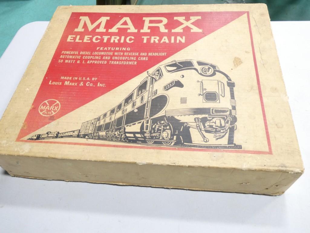 Marx Train Set #41822 from 1965 with Box: Marx Train Set #41822 from 1965 with Box. See all pictures. Includes the following: 2002 A and B Units, 5545 CB&Q Flat with Burl Vans, 176893 NYC Box Grn, 5110 Auto Carrier, C635 NH Caboose, etc.