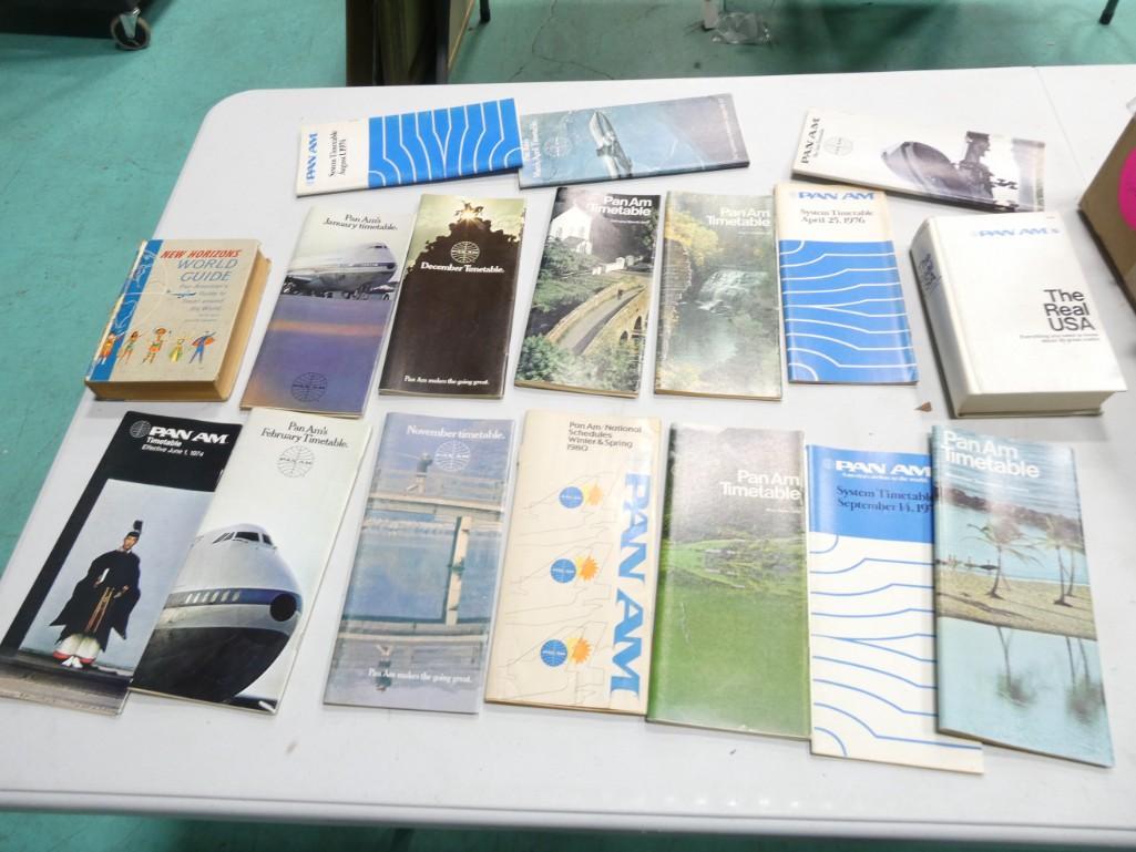 Lot of Vintage Pan Am System Timetables, plus two vintage Travel hardcover books: Lot of Vintage Pan Am System Timetables, plus two vintage Travel hardcover books. Back in the 70's if your internet went out, you could still find flights with these books.