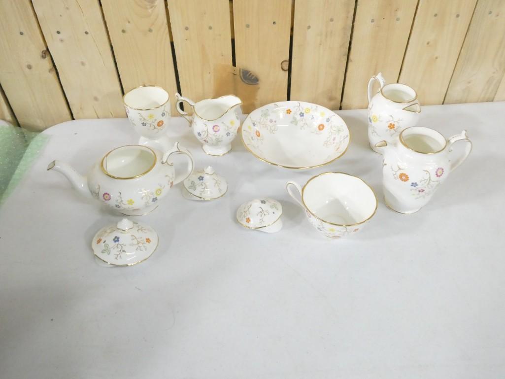 Coalport England Bone China Brookdale Pattern: Coalport England Bone China Brookdale Pattern - includes Bowl, egg cup, creamer, cup, teapot with lid plus more. One of the lids has a broken top.