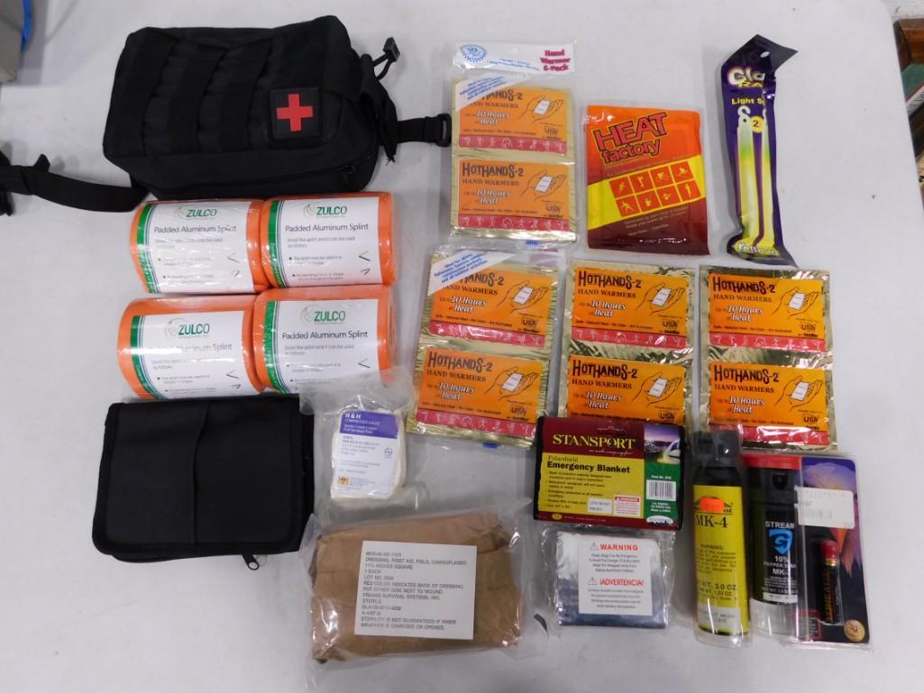 Tactical Medical Gear Lot: Tactical Medical Gear Lot incl Padded Aluminum Splints, Hand Warmers, Emergency Blanket, etc