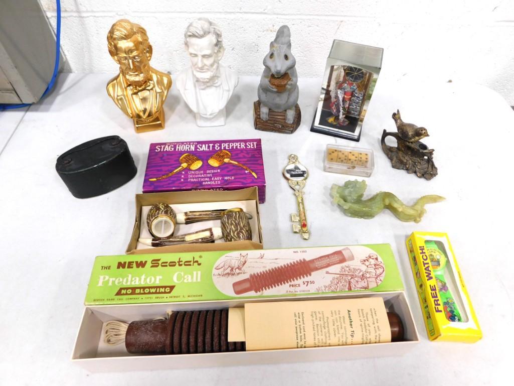 Collectibles incl Cast Metal Squirrel Bank, New Scotch Predator Call, Stag Horn Salt and Pepper Set, (1 of 7)