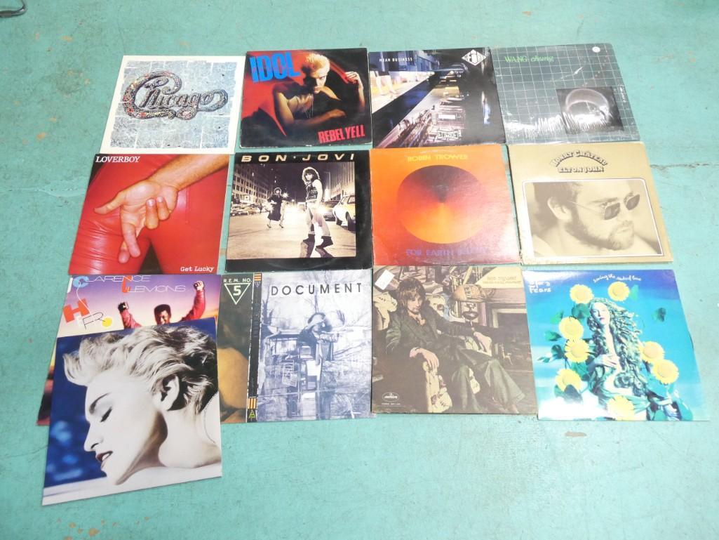 Lot of Vinyl Record Albums including Billy Idol, Chicago, Madonna, Loverboy, Bon Jovi: Lot of Vinyl Record Albums including Billy Idol, Chicago, Madonna, Loverboy, Bon Jovi, Robin Trower, Wang Chung, Elton John, Tears for Fears, Rod Stewart, REM, Clarence Lemons