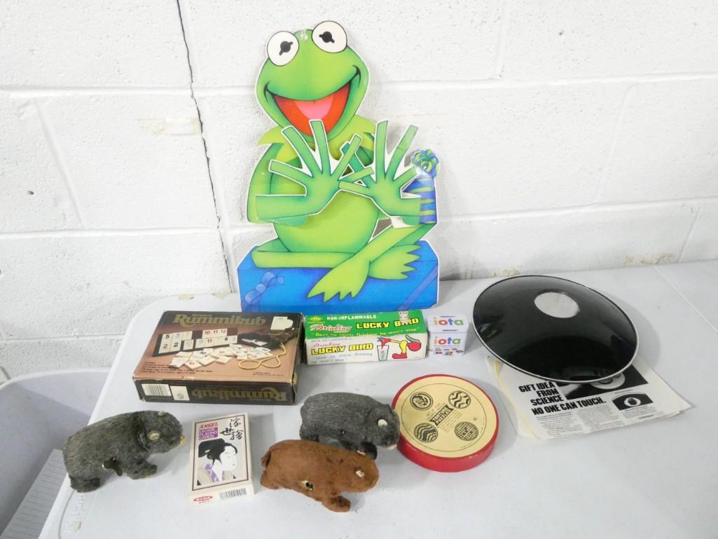 Misc. Toy Lot including Drinking Bird, Kermit Cut out, Mirage Mirror, Vintage Wind Up Bears (1 of 6)
