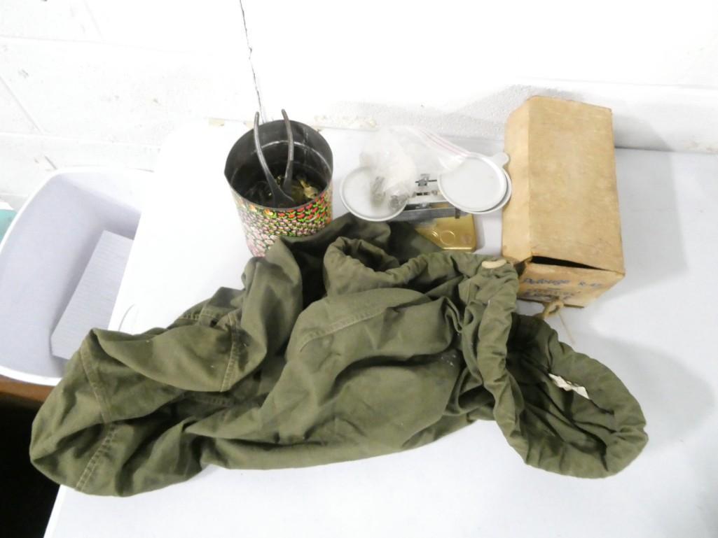 Misc lot including a coffee tin half full of vintage keys, Duffle bag, Pelouge Scale / Balance w/box (1 of 5)