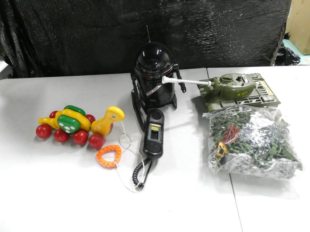 Toy Lot incl Kouvalias Pull Toy, Robot Phone, Bulldog Tank Military Toy, Bag of Plastic Soldiers, et (1 of 10)