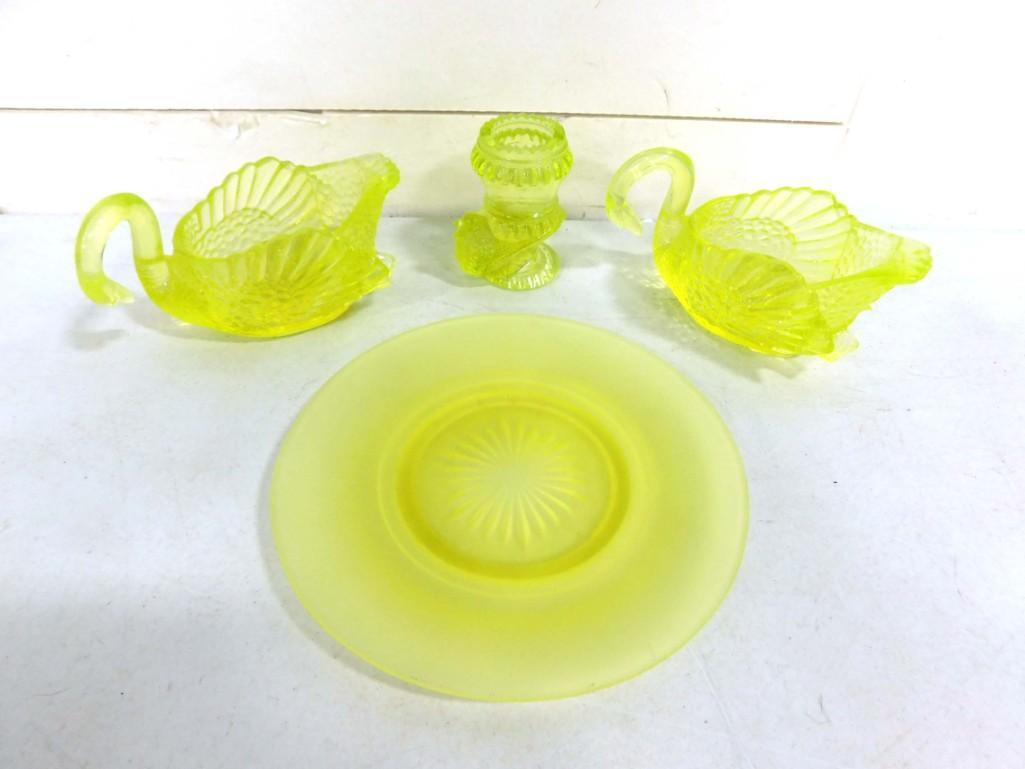 Vaseline Glass Lot incl 2 Swan Candle Holders, A Toothpick Holder, and a Plate: Yellow Vaseline Glass Lot incl 2 Swan Candle Holders, A Toothpick Holder, and a Plate