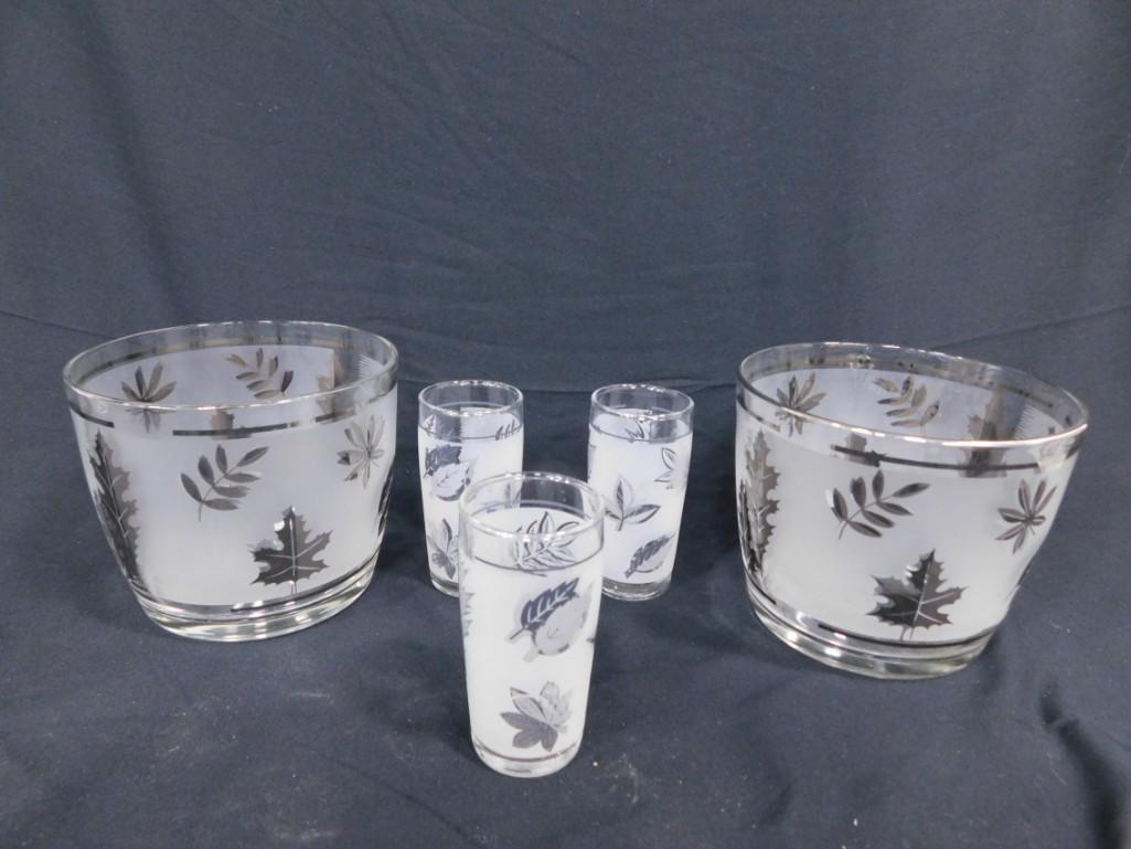 Mid Century Glassware Frosted with Leaves incl 2 Bowls and 3 Tumblers (1 of 4)