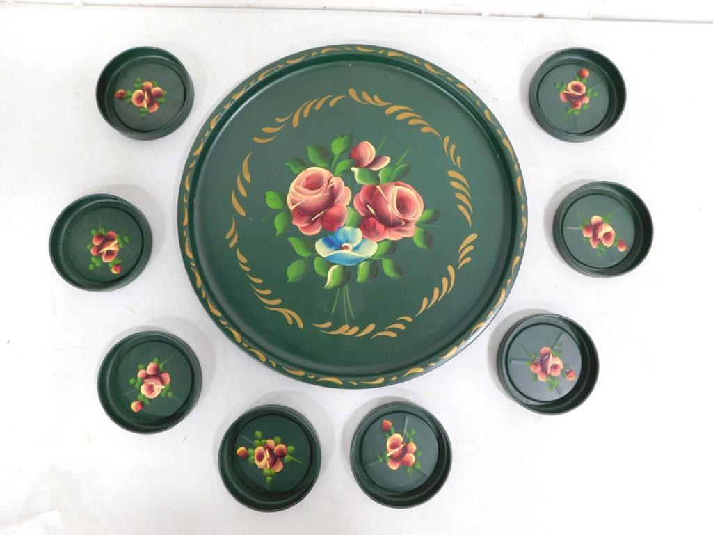 Vintage Tole Painted Tray and Coaster Set Toleware (1 of 6)