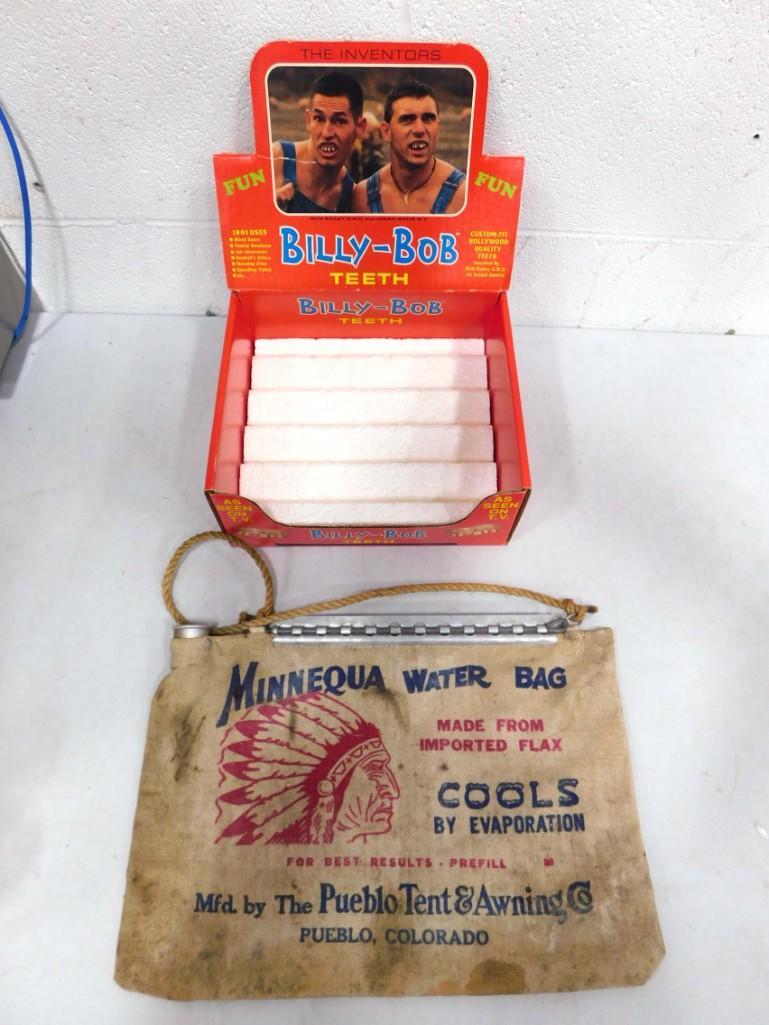 2 Vintage Advertising Items incl Minnequa Water Bag and Billy Bob Teeth Store Display: 2 Vintage Advertising Items incl Minnequa Water Bag Mfd by the Pueblo Tent & Awing Co and Billy Bob Teeth Store Display