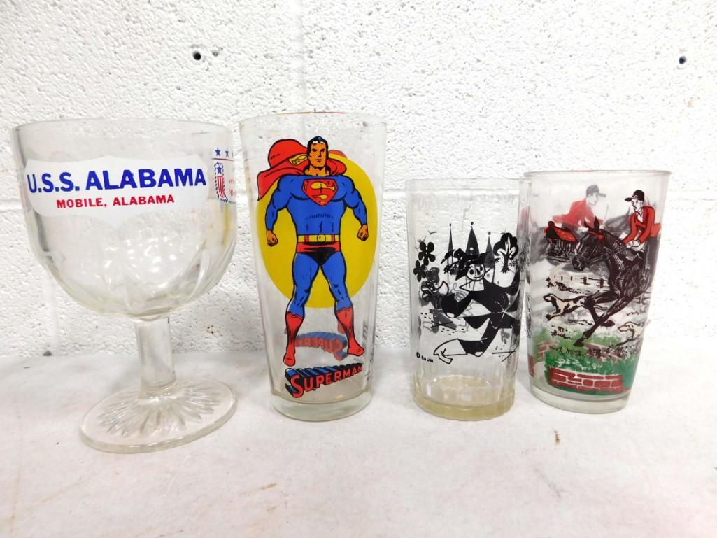 4 Drinking Glasses incl Wizard of Oz Scarecrow, Superman, USS Alabama, and Horse Racing (1 of 6)