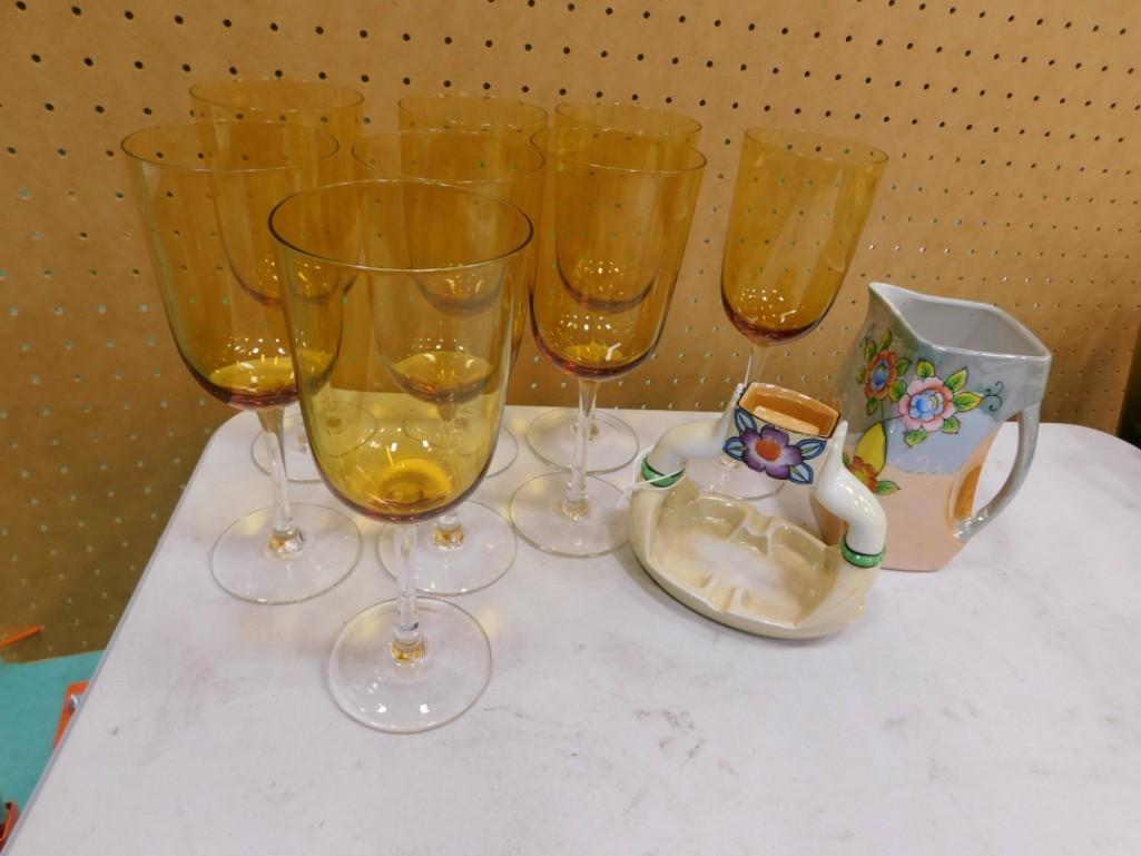6 Brown Glass Wine Glasses plus Ceramic Tricohina Japan and another Japan Ceramic Piece: 6 Brown Glass Wine Glasses plus Ceramic Tricohina Japan and another Japan Ceramic Piece