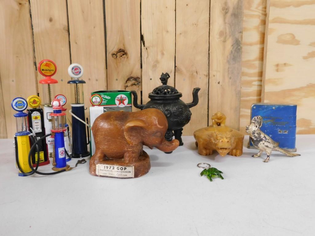 Misc. Lot including Mini Gas Pumps,  Elephant and other Figurines, Advertising Coin Bank (1 of 6)
