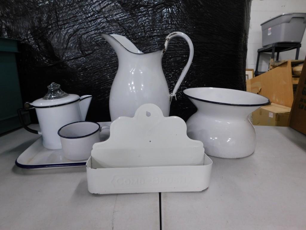 Vintage Enamelware Lot including Pitchers, cup, tray, etc. (1 of 6)