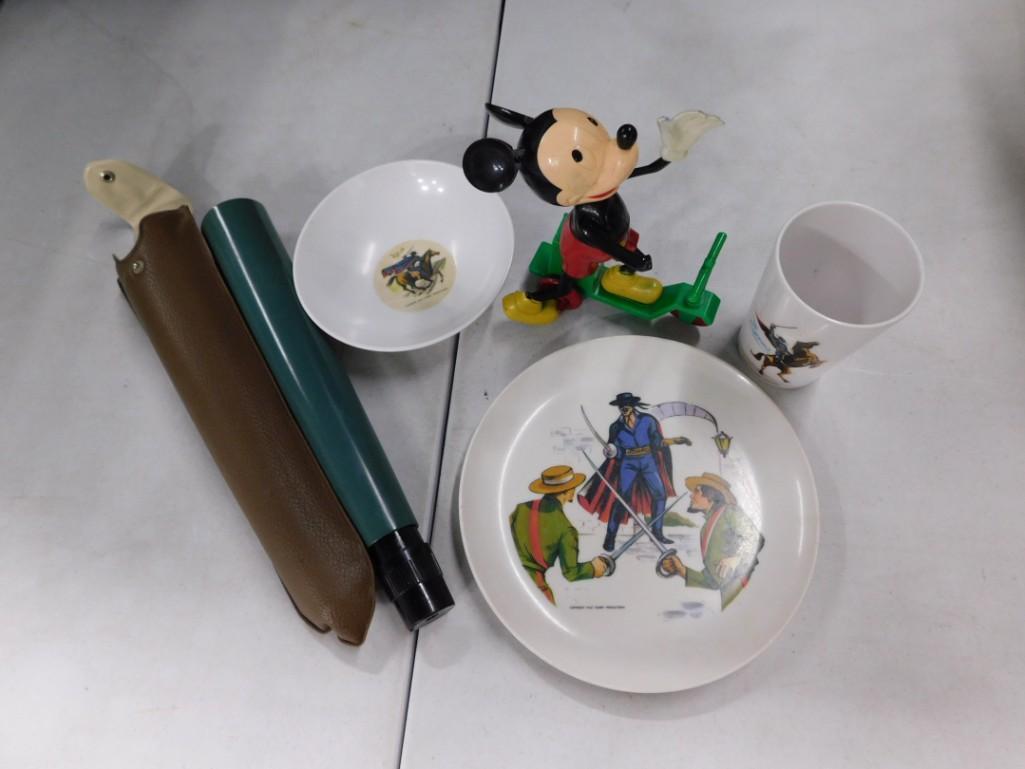 Misc. Lot including Vintage Mickey Mouse on a scooter, Zorro Plates and cup, telescope (1 of 9)