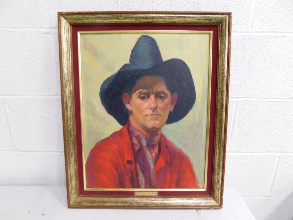 Louis S. Platt Painting with Frame - Man with Cowboy Hat (1 of 5)