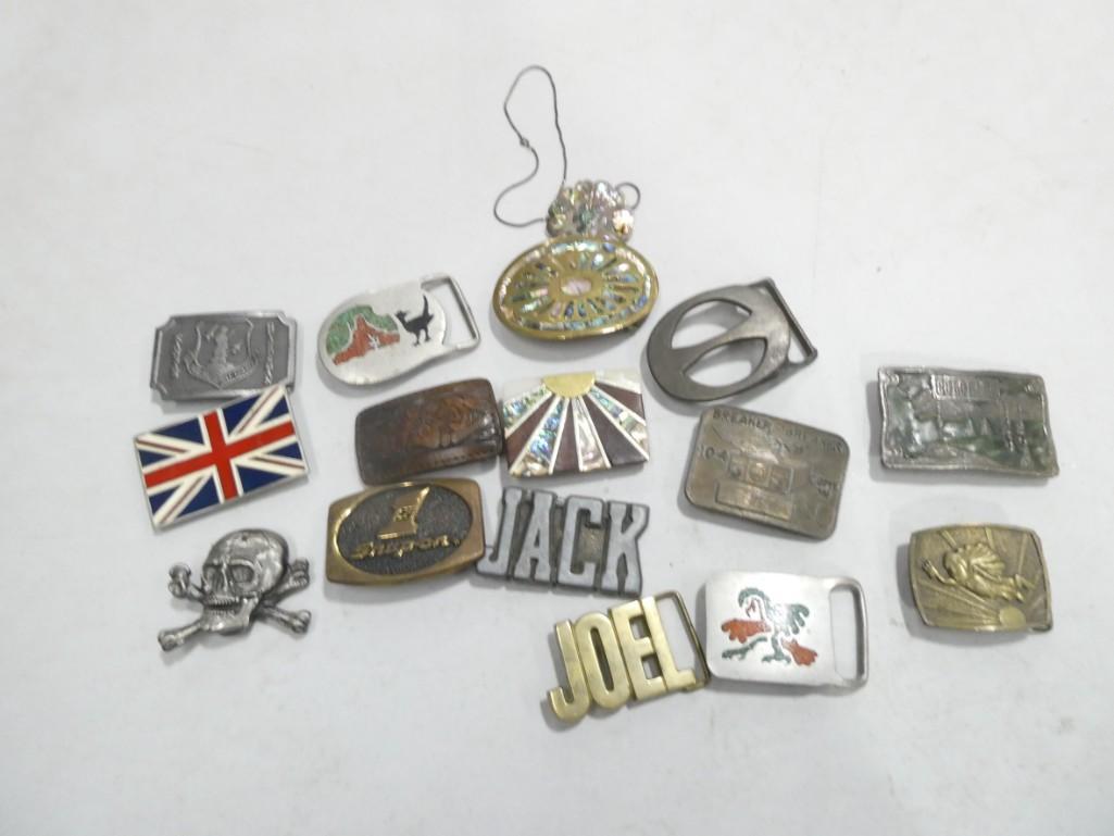 Lot of Belt Buckles incl Vintage: Lot of Belt Buckles incl Vintage incl Snap-On, Skull, Inlay, Bud Man, Kansas Air National Guard, etc