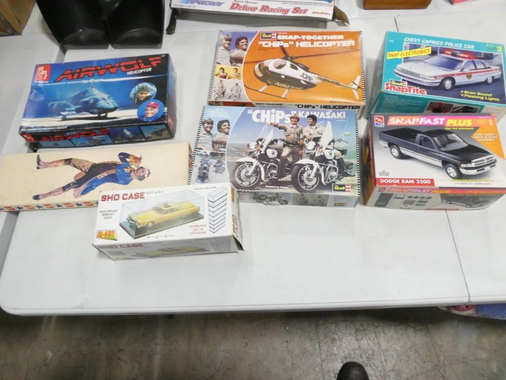 Model Car Kits Etc incl 2 CHiPS: Model Car Kits and a Children's Fife Etc incl 2 CHiPS, police car, air wolf helicopter, etc Condition: unchecked, see all pictures