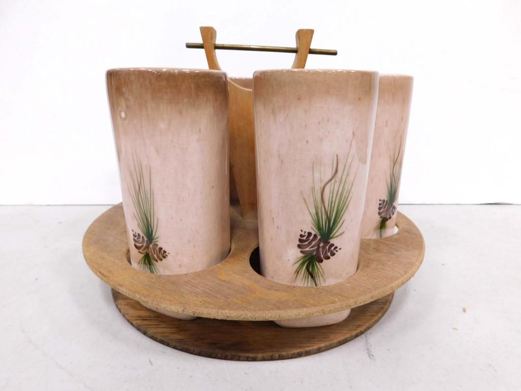 Mid Century Bar Set with Ceramic Pinecone Glasses or Tumblers and a Wood Carrier (1 of 5)